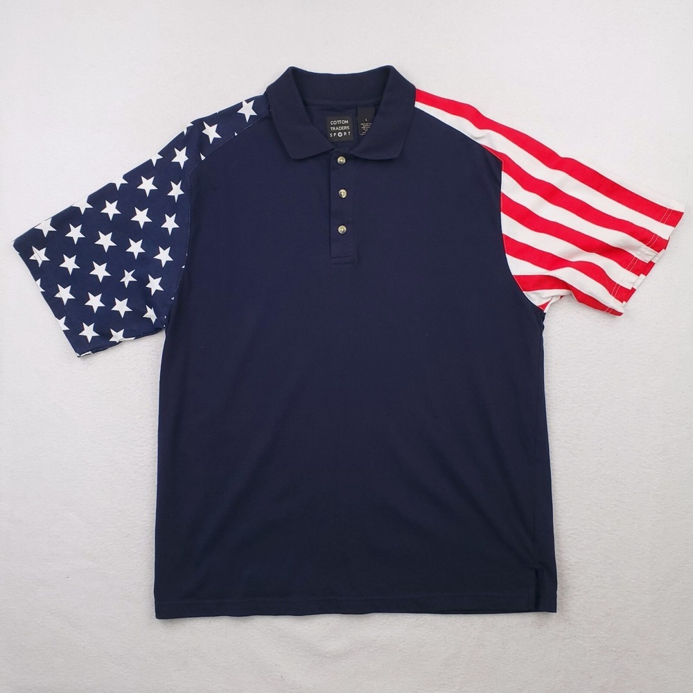 Cotton Traders‎ Shirt Mens Large Red White Blue American Flag Patriotic July 4th